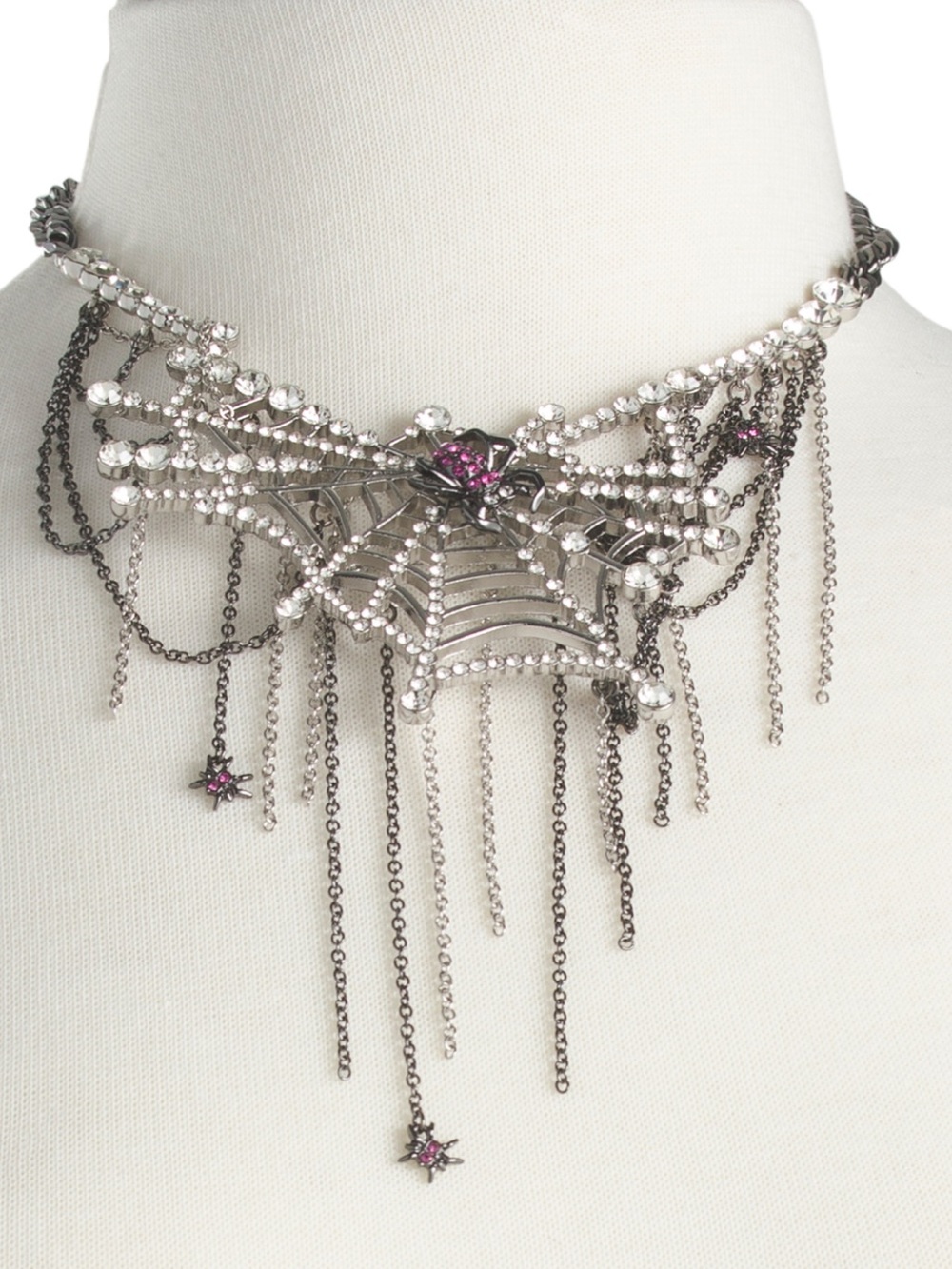 Betsey Johnson Silver Spiderweb Fringe Necklace with red stones